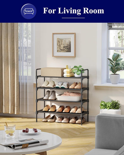 4-Tier Shoe Rack - Metal Shoe Organizer and Shoe Shelf with Handle, Easy-Assembly, Sturdy Shoe Rack for Closet, Entryway, Bedroom (Black, 26.6'' X 11.4'' X 29.5'')