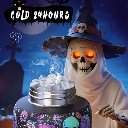 Halloween Insulated Water Bottle with Straw - Stainless Steel Water Bottle with Push Button Lid, Leak-Proof Bpa-Free, Keeps Cold for 24 Hours for Halloween Gifts, Party (32 Oz, Floral Afterlife)