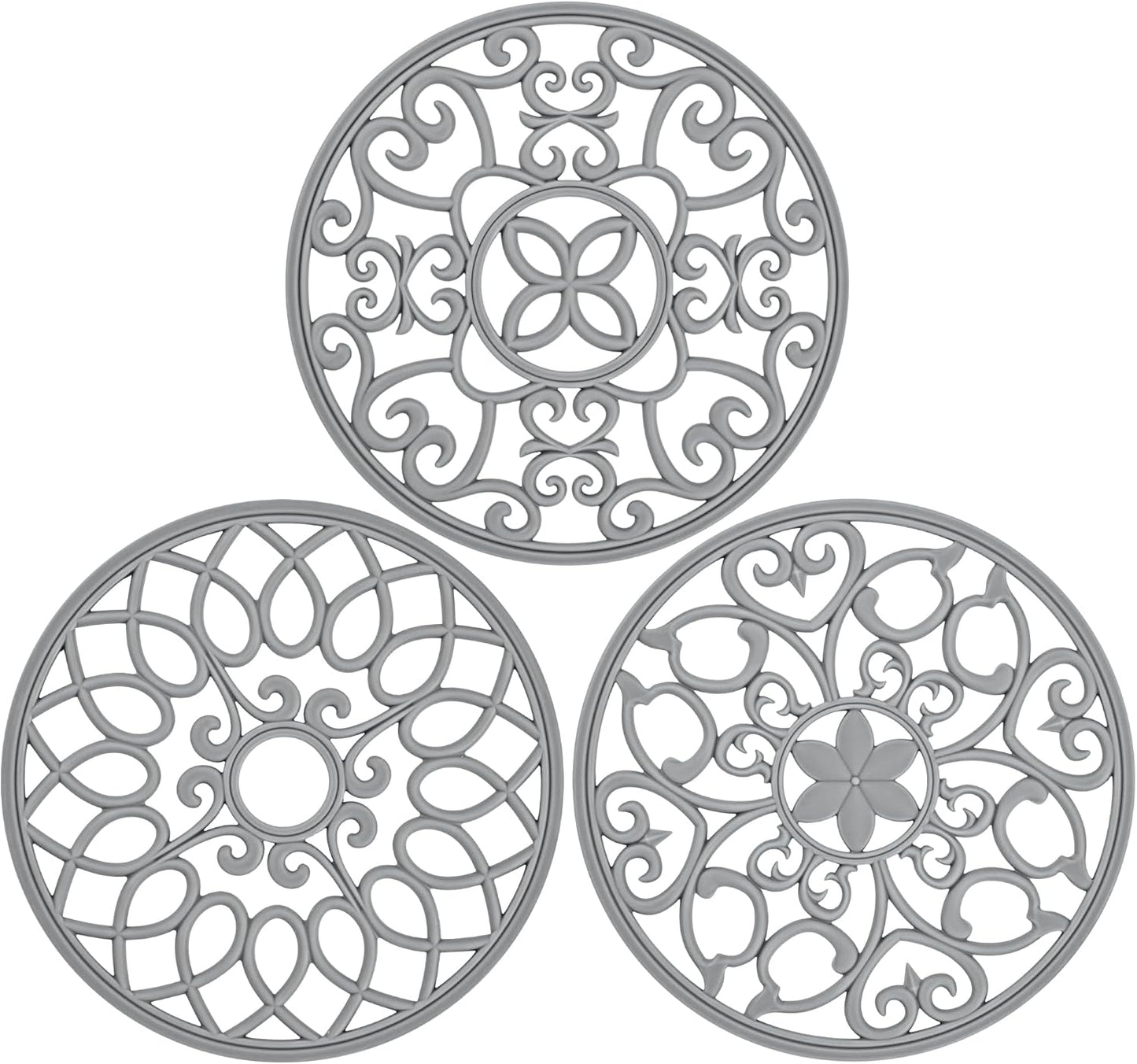 3 Set Silicone Trivet Mats, Multi-Use Carved Trivet Mat, Insulated Non-Slip Durable Kitchen Mats, Flexible Modern Kitchen Table Mat, for Hot Dishes, Pots, Dining Countertop, Grey, STM413H