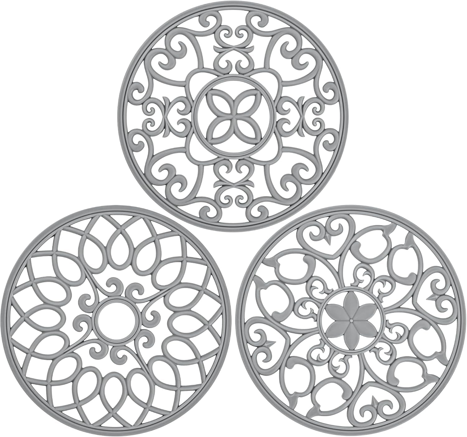 3 Set Silicone Trivet Mats, Multi-Use Carved Trivet Mat, Insulated Non-Slip Durable Kitchen Mats, Flexible Modern Kitchen Table Mat, for Hot Dishes, Pots, Dining Countertop, Grey, STM413H