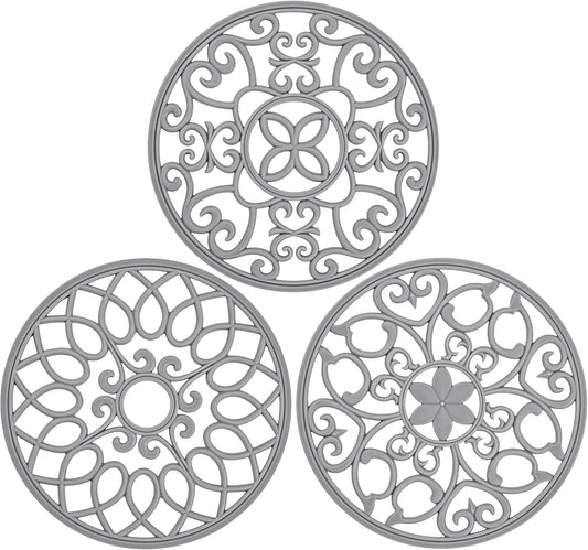 3 Set Silicone Trivet Mats, Multi-Use Carved Trivet Mat, Insulated Non-Slip Durable Kitchen Mats, Flexible Modern Kitchen Table Mat, for Hot Dishes, Pots, Dining Countertop, Grey, STM413H
