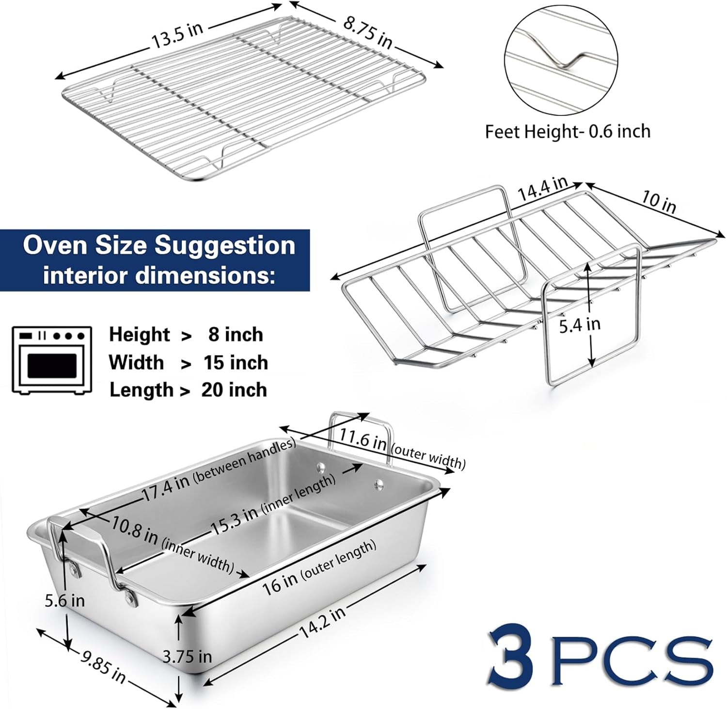 16" Roaster Roasting Pan with Baking Rack and V-Shaped Rack, Stainless Steel Rectangular Lasagna Pan with Handles for Turkey Chicken, Healthy & Dishwasher Safe, 3 Pieces, Silver