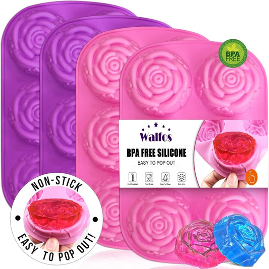 Silicone Rose Mold-4Pcs Rose Ice Cube Mold,Bpa Free and Easy to Pop Out.Soup Mold Non Stick.Suitable for Handmade Soap Cocktail Juice Jelly and Chocolate.Dishwasher Safe.(Set of 4,Pink+Purple)