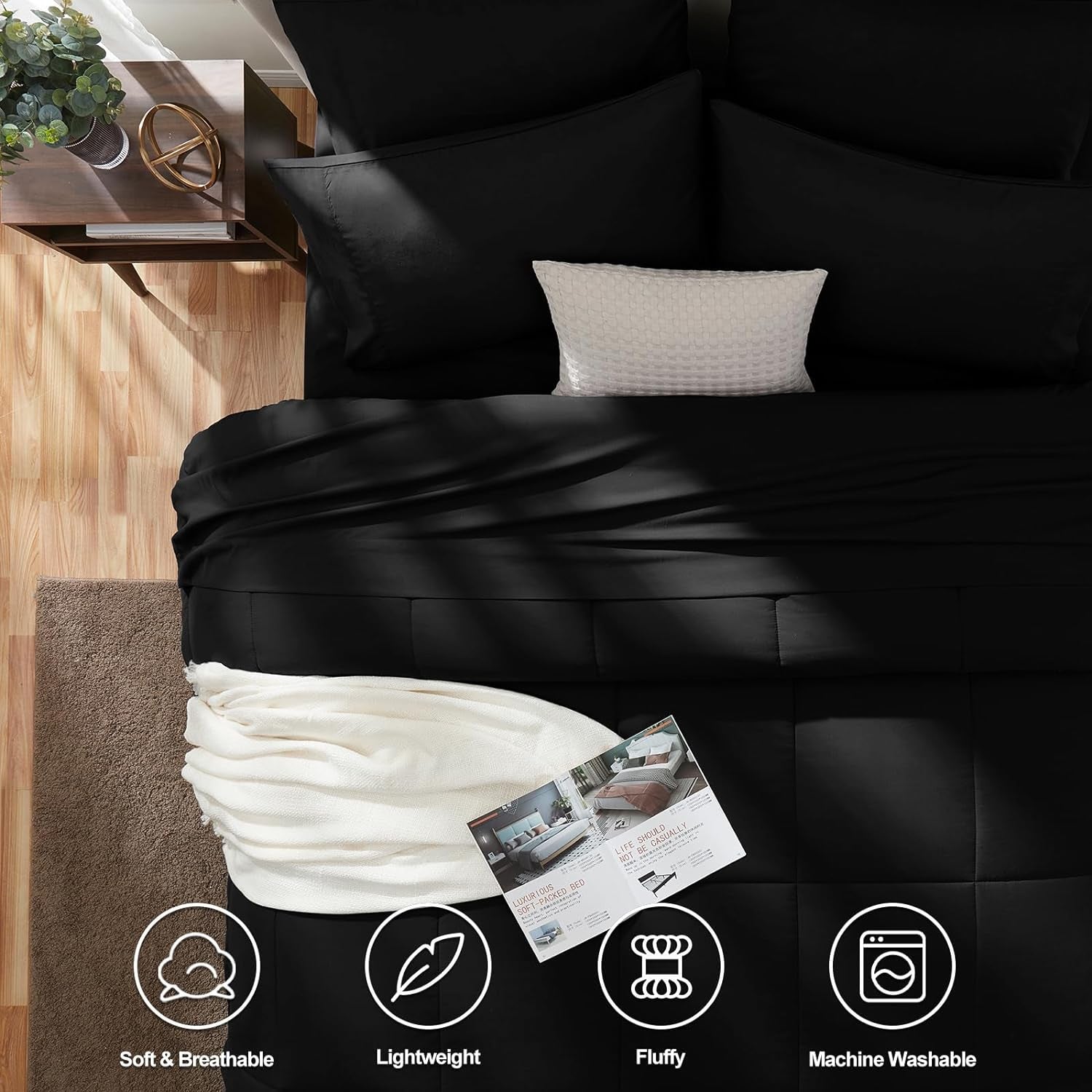 Queen Comforter Set Black 7 Pieces Bed in a Bag Black Premium Comforters Queen Size Bed Set Bedding Sets Queen with All Season Stitch Quilted Comforter, Flat Sheet, Fitted Sheet, Pillowcases