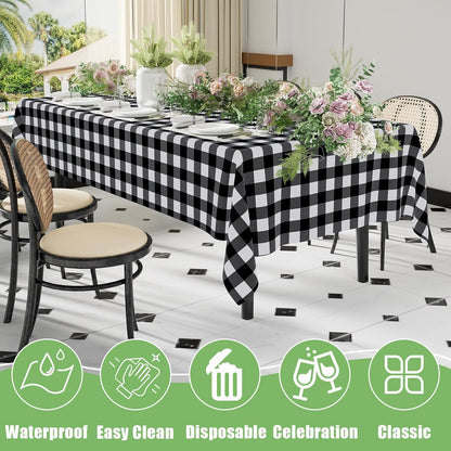 Plastic Table Cloth Disposable 3 Pack, 54X108 Inch Rectangle Waterproof Table Cover for Parties, Decorative Buffalo Plaid Vinyl & Solid Tablecloths, Leakproof & Sturdy, Black and White