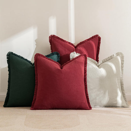 Linen Pillow Covers 18X18 Inch Decorative Throw Pillows with Fringe Pack of 4 Soft Farmhouse Boho Couch Pillows Home Decors for Sofa Cushion Living Room Bed Dark Green and Burgundy