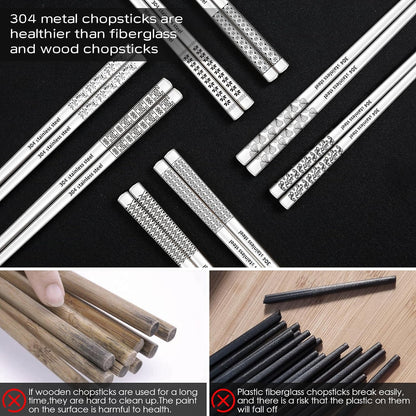 8 Pairs Metal Chopsticks Reusable 18/8 Stainless Steel Chopsticks Set Cute Laser Engraved Non-Slip Japanese Korean Chinese Chopstick for Cooking Eating Dishwasher Safe 9.25" Chop Sticks Gift Set