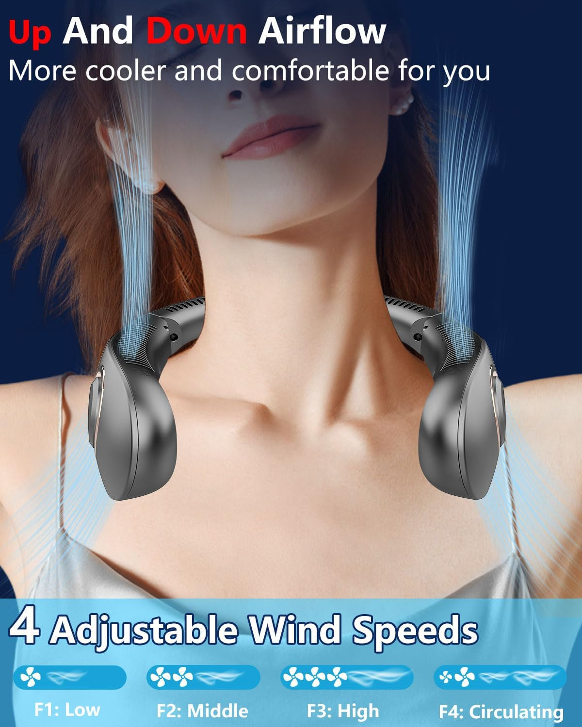 Neck Fan Rechargeable,Portable Neck Fan That Blow Cold Air Battery Operated,Folding Personal Fans Neck Hands Free,Bladeless Cooling Neck Fans Electric Wearable Necklace Fan for Travel Airplane Black