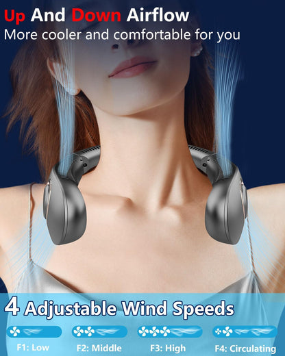 Neck Fan Rechargeable,Portable Neck Fan That Blow Cold Air Battery Operated,Folding Personal Fans Neck Hands Free,Bladeless Cooling Neck Fans Electric Wearable Necklace Fan for Travel Airplane Black