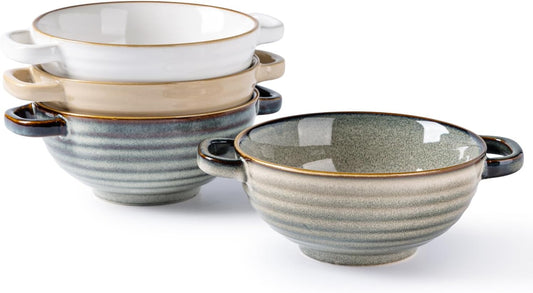 Ceramic Soup Bowls Set with Double Handles, 24 OZ Capacity, Ideal for Soup, Cereal, Stew, Salad, Noodles, and Ramen, Microwave and Dishwasher Safe, Set of 4