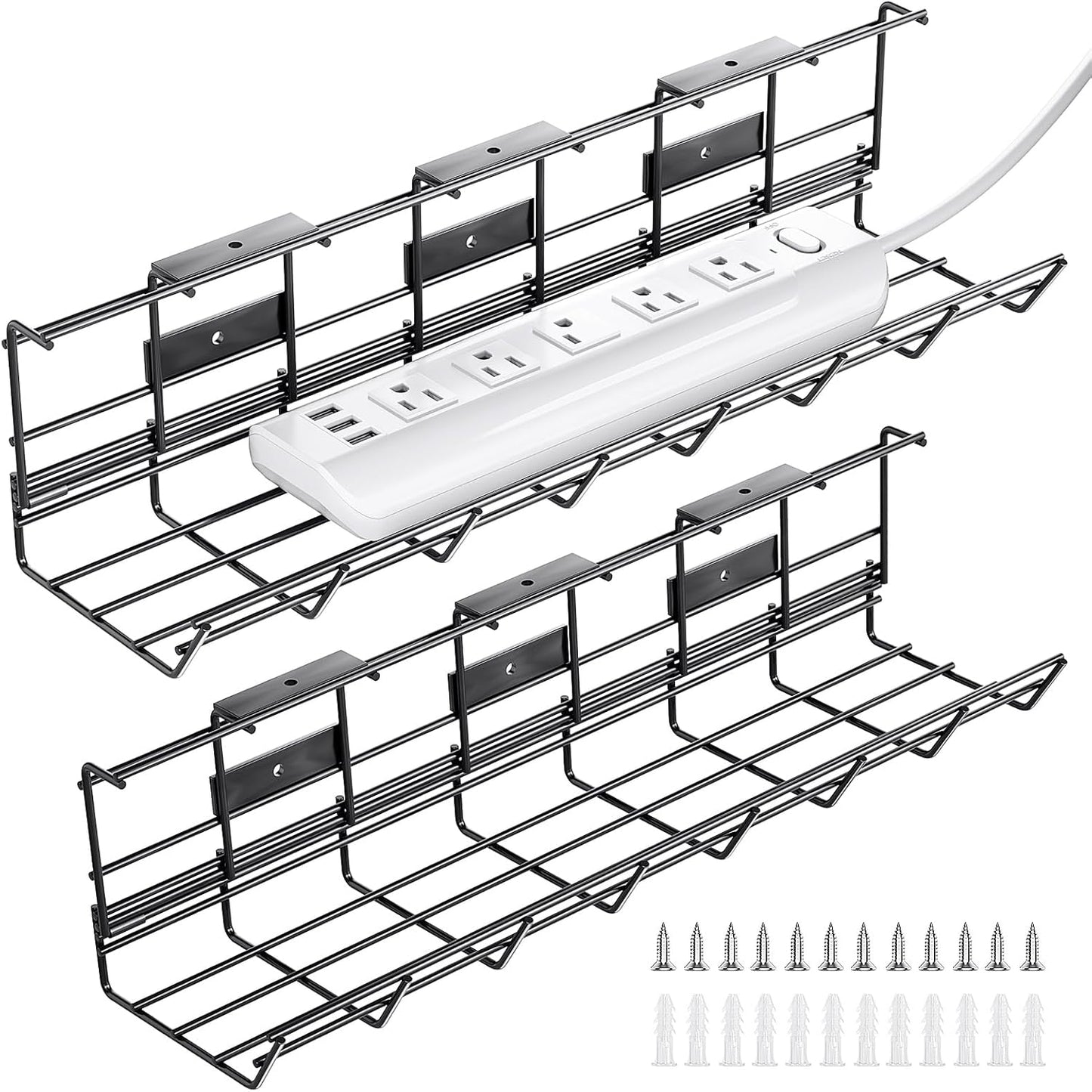 2 Pack  under Desk Cable Management Tray, Metal Cord Cable Organizer for Desk, Easy Install Pre-Drilled Wire Management Wire Organizer for Office & Home