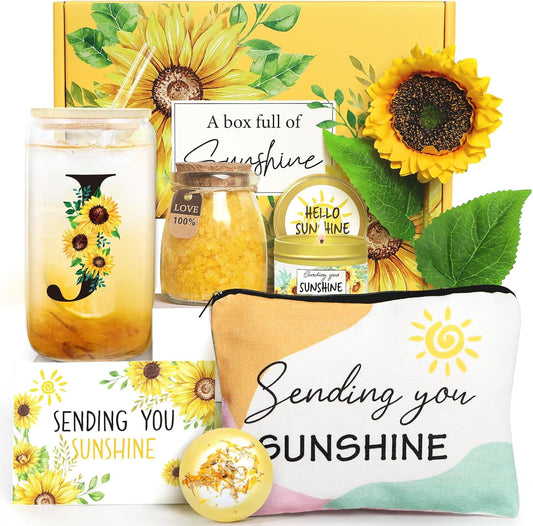Sunflower Initial Gifts, Get Well Soon Gifts, Self Care Spa Birthday Gifts for Women Monogrammed Gifts, Sunshine Gift Baskets, Personalized Gifts, J