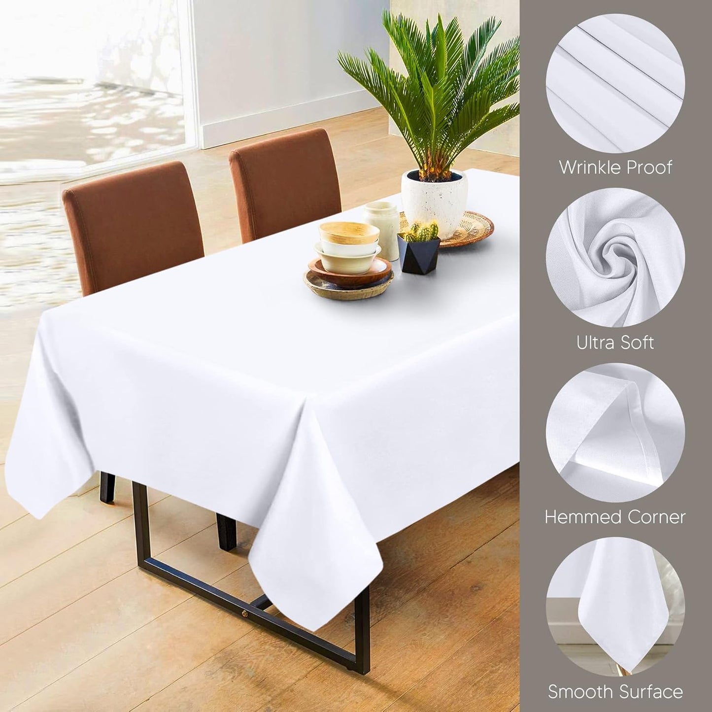 2 Pack 6 Foot Rectangle Table Cloth [60X102 Inches, White] Stain and Wrinkle Resistant Tablecloth Washable Polyester Cover for Dining, Buffet Parties, Picnic and Weddings