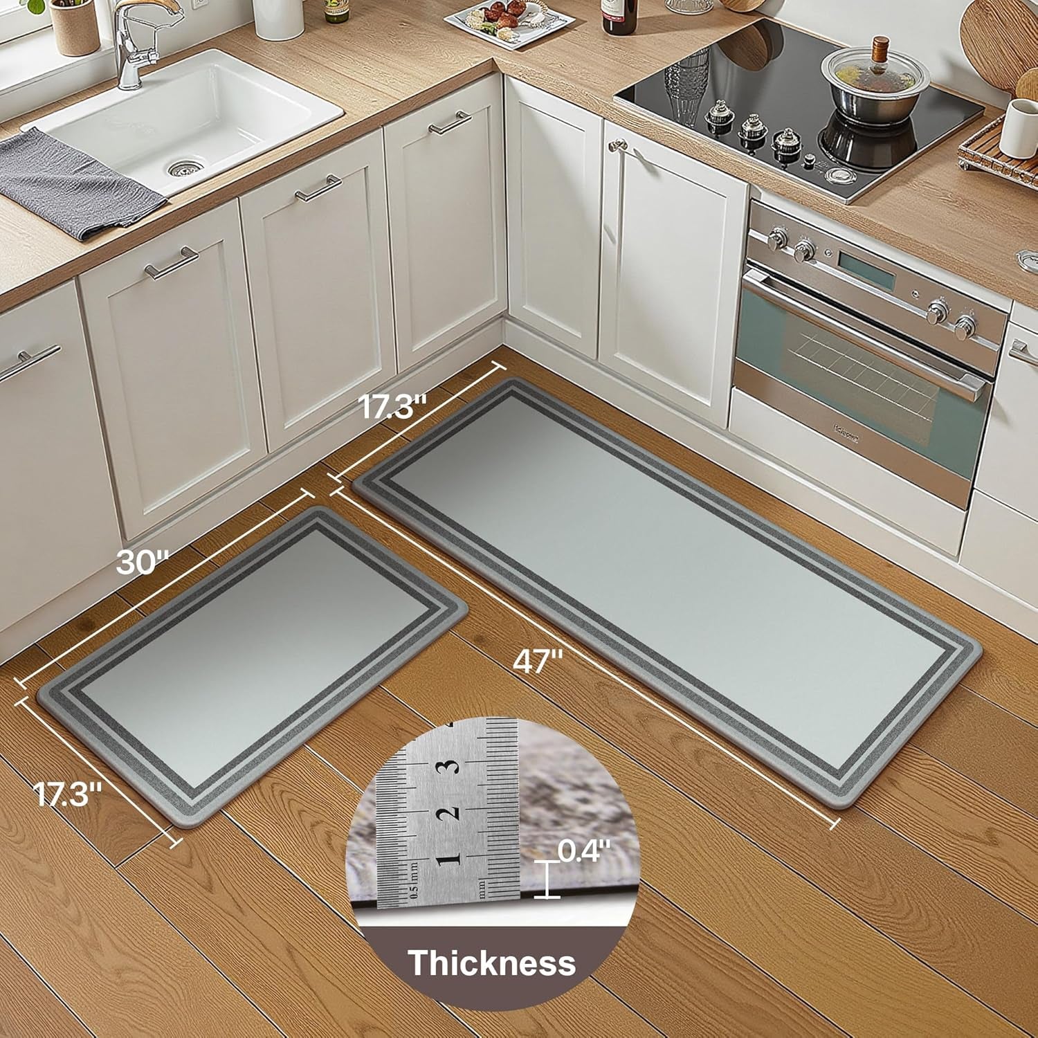 Kitchen Mats for Floor 2 PCS Cushioned Anti-Fatigue, Geometric Waterproof Kitchen Rugs Non Slip Washable, Comfort Standing Mat Rug for Kitchen, Office, Laundry, Lightgrey, 17"X 47"+17"X 30"