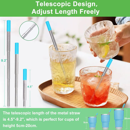 4Packs Reusable Straws, Metal Straw with Silicon, Travel Drinking Straws with Case, Keychain, Cleaning Brushes, Silicon Pcs Perfect for Travel, Gifts (20 PCS) Blue-Black-Rose Gold-Silver