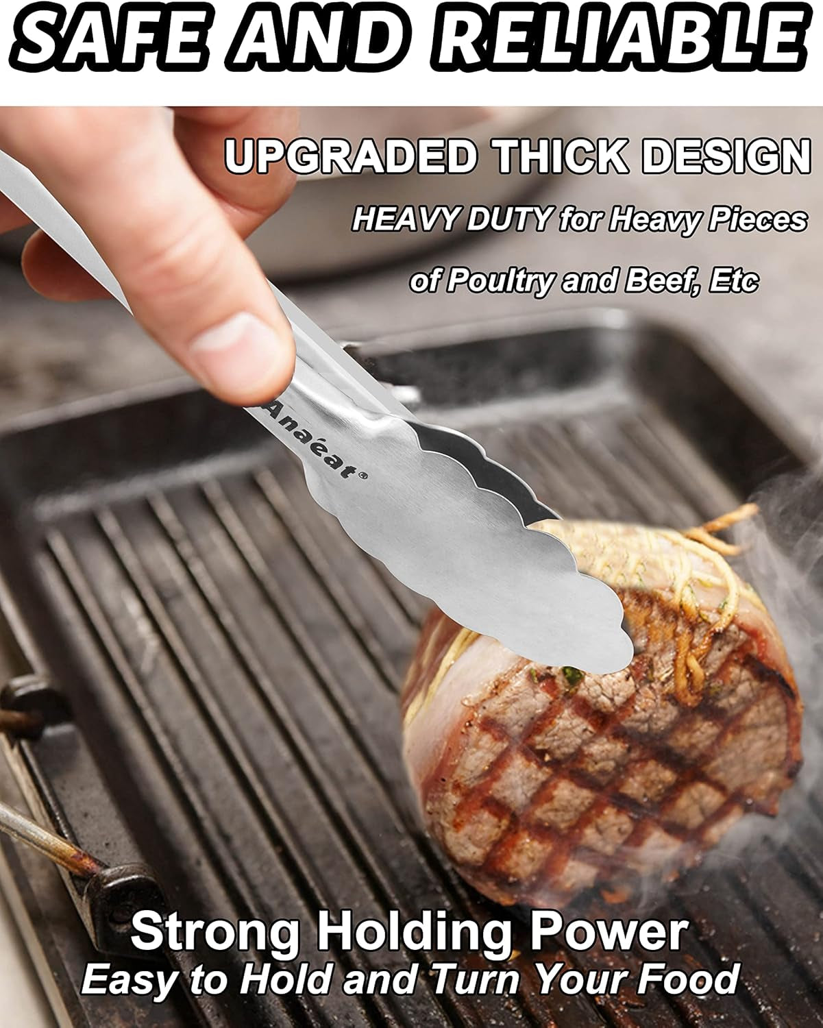 7" Mini Cooking Tong Stainless Steel - Sturdy Coiled Spring Locking Kitchen Food Tong with Non-Slip Silicone Grip for Serving, Cooking, Baking - Heat Resistant up to 480°F (Black)