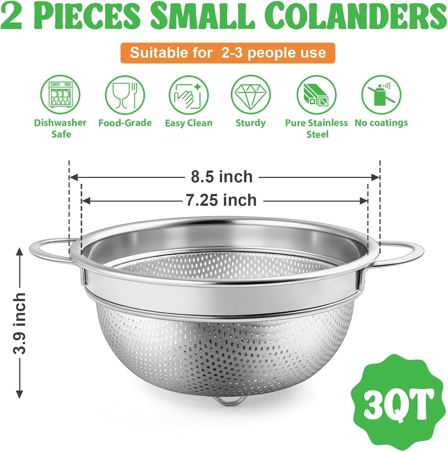Colander Strainer Stainless Steel 3 Quart, Metal Micro-Perforated Colander for Kitchen Food, Ideal for Rinsing Washing Draining, Dishwasher Safe, Shiny Silver, 2PCS