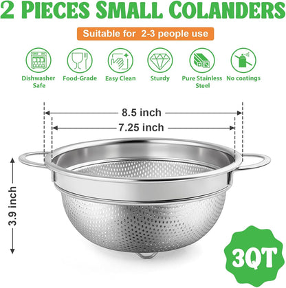 Colander Strainer Stainless Steel 3 Quart, Metal Micro-Perforated Colander for Kitchen Food, Ideal for Rinsing Washing Draining, Dishwasher Safe, Shiny Silver, 2PCS