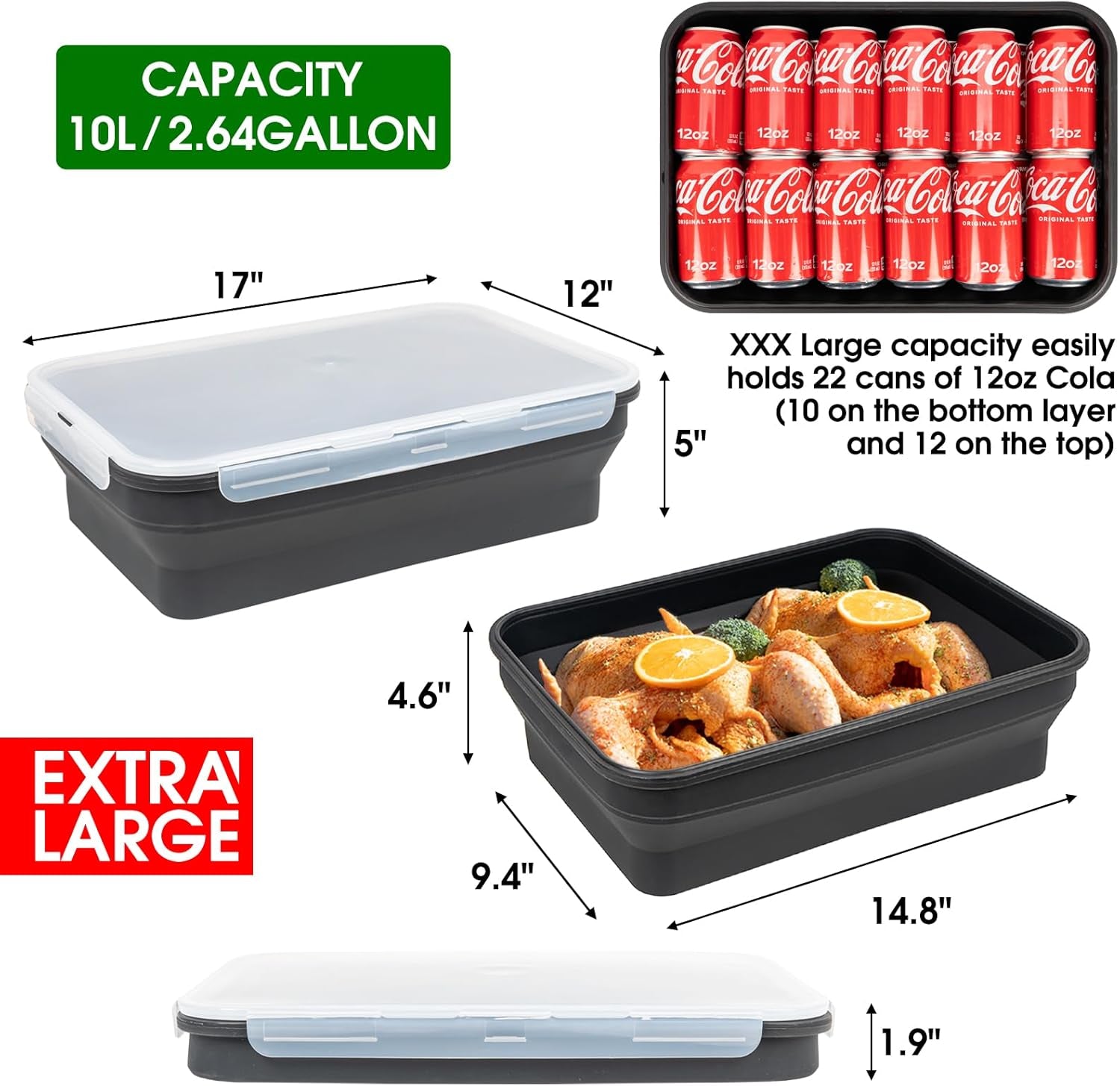 Silicone Collapsible Marinating Container with Lid for Meat, Extra Large Collapsible BBQ Prep Tub, 2.64Gal/10L, Transparent Locking Lid, XL Grill Prep Trays and Carry System, BBQ Must-Have, Black