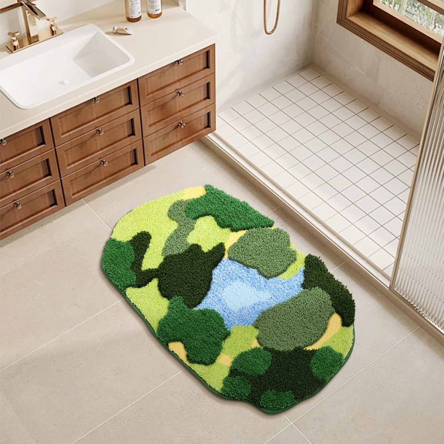 Soft Fluffy Green Moss Bath Rugs 20"X35" Non Slip Bath Mats Cute Fun Irregular Unique Bathroom Rugs Absorbent Carpet for Bathroom Shower Tub Bedroom Rug Decor, Multigreen Moss Blue Pond