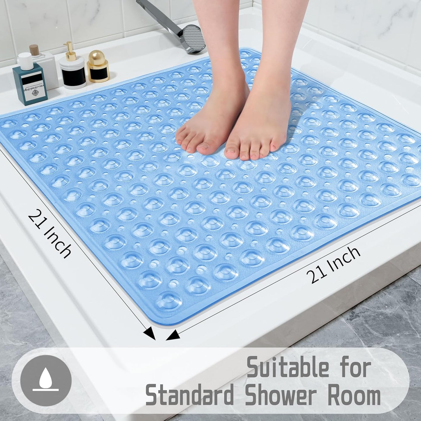Shower Stall Mat Non Slip, 21X21 Inch, Soft Square Bath Mat for Shower with Suction Cups and Drain Holes, Stall Floor Mats for Bathroom, Machine Washable, Bathroom Accessories, Clear Blue