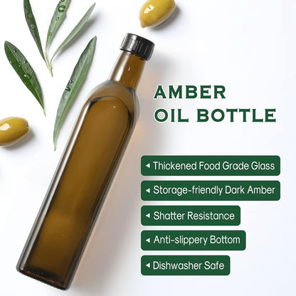 17Oz Glass Olive Oil Dispenser - Oil and Vinegar Cruet Bottle with Stainless Steel Pourers - Funnel for Easy Refill - Olive Carafe Decanter for Kitchen