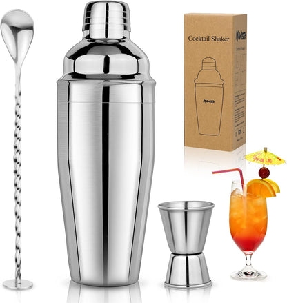 25 oz Professional Cocktail Shaker Set - Includes Martini Shaker, Margarita Mixer, Measuring Jigger, and Mixing Spoon - Premium 18/8 Stainless Steel Bar Tools for Mixology