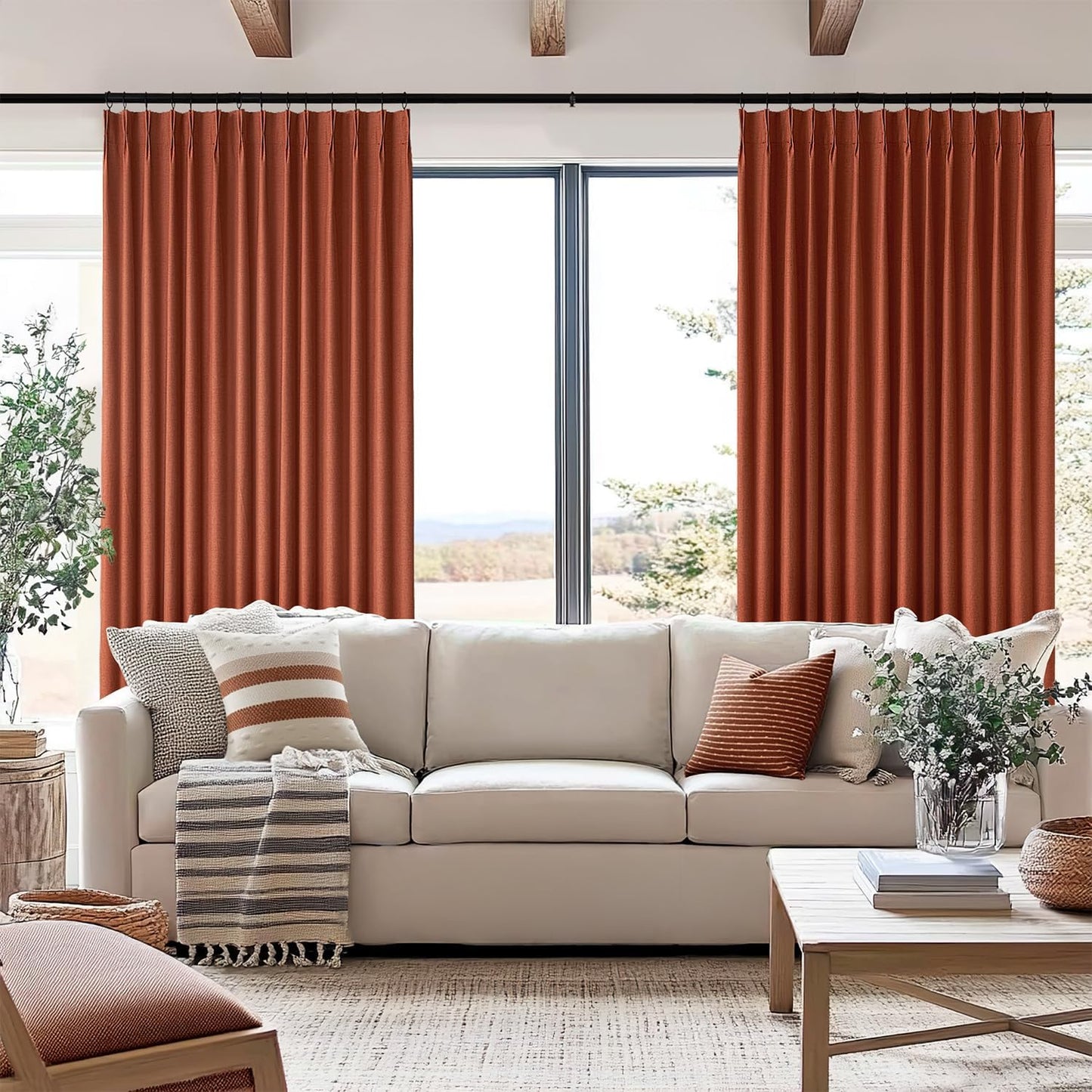 Burnt Orange 96-Inch Pinch Pleated Blackout Curtains, Linen Thermal Insulated Drapes with Hooks for Living Room and Bedroom - Set of 2 Panels