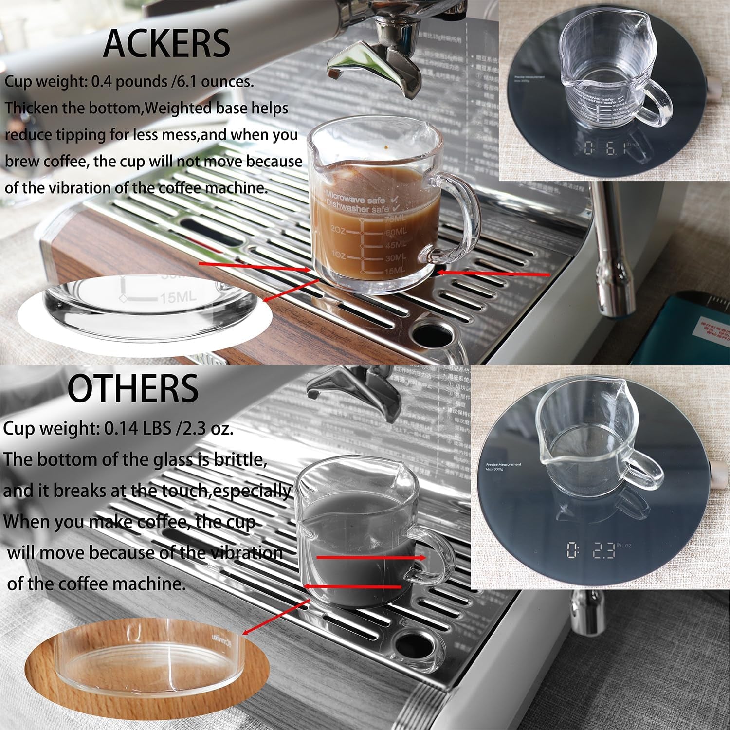 Ackers Etched Scale Espresso Cup with Handle, Thickened Bottom and Wall, Double V-Shaped Spout,2.5Oz Milk Frothing Pitcher,75Ml Milk Cup with Handle, Espresso Accessory(Pack of 2)