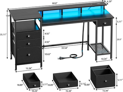 60" Black Computer Desk with 4 Drawers and Printer Space, Gaming Desk with LED Lights and USB Power Outlets, Home Office Desk with Fabric File Cabinet,Study Work Table with Shelf for Bedroom