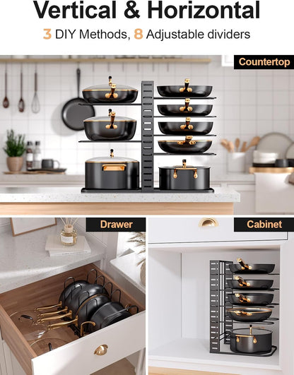 Pots and Pans Organizer Rack under Cabinet 14.55In Height, 8-Tier Kitchen Cabinet Organizers and Storage, Light-Duty Adjustable Pot Racks, Pan Organizers inside Cabinet with 3 DIY Methods