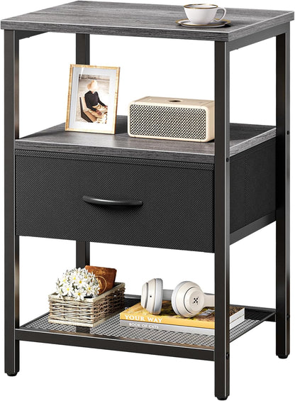 Charcoal Gray Nightstand with Fabric Drawer and Open Mesh Shelf, Metal Frame Side Table for Bedroom and Living Room