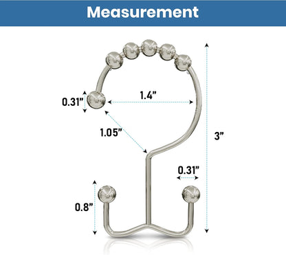 Double Glide Roller Set of 12 Shower Curtain Hooks, Double Sided Rings, Rust Proof Shower Curtain Rings, Nickel