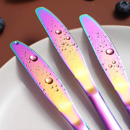Set of 4 Rainbow Stainless Steel Dinner Knives with Titanium Plating - Colorful and Durable Table Cutlery, Dishwasher Safe