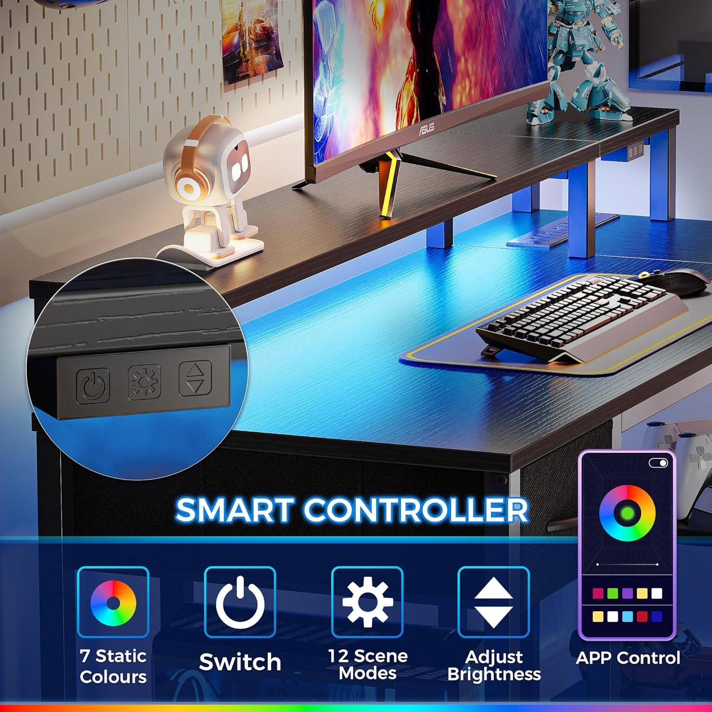 47-Inch Reversible L-Shaped Computer Desk with LED Lighting, Power Outlets, Shelves, Monitor Stand, Drawer, and Corner Design for Home Office and Gaming, Black