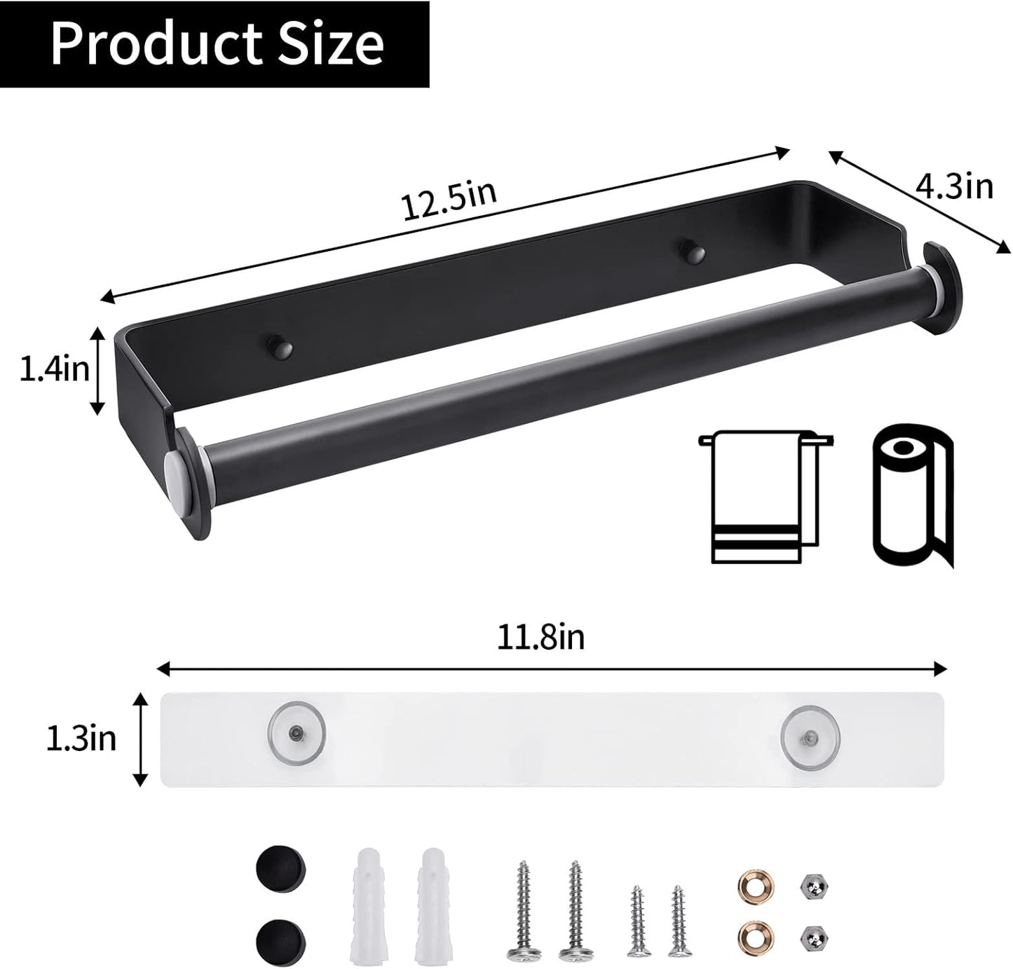Under Cabinet Paper Towel Holder, Adhesive or Drill Mount Paper Towel Holder, Wall Mount Paper Towel Holders for Kitchen or Bathroom (Black)