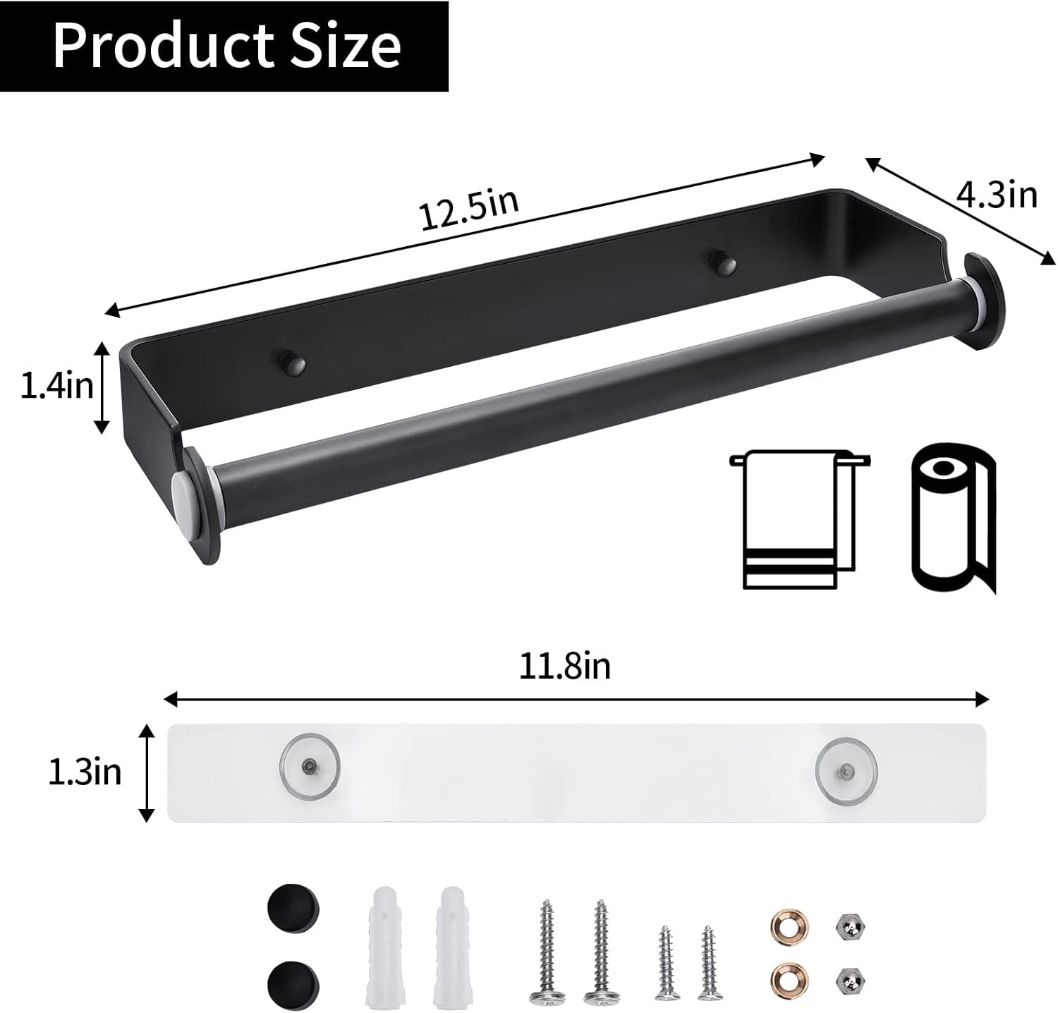 Under Cabinet Paper Towel Holder, Adhesive or Drill Mount Paper Towel Holder, Wall Mount Paper Towel Holders for Kitchen or Bathroom (Black)