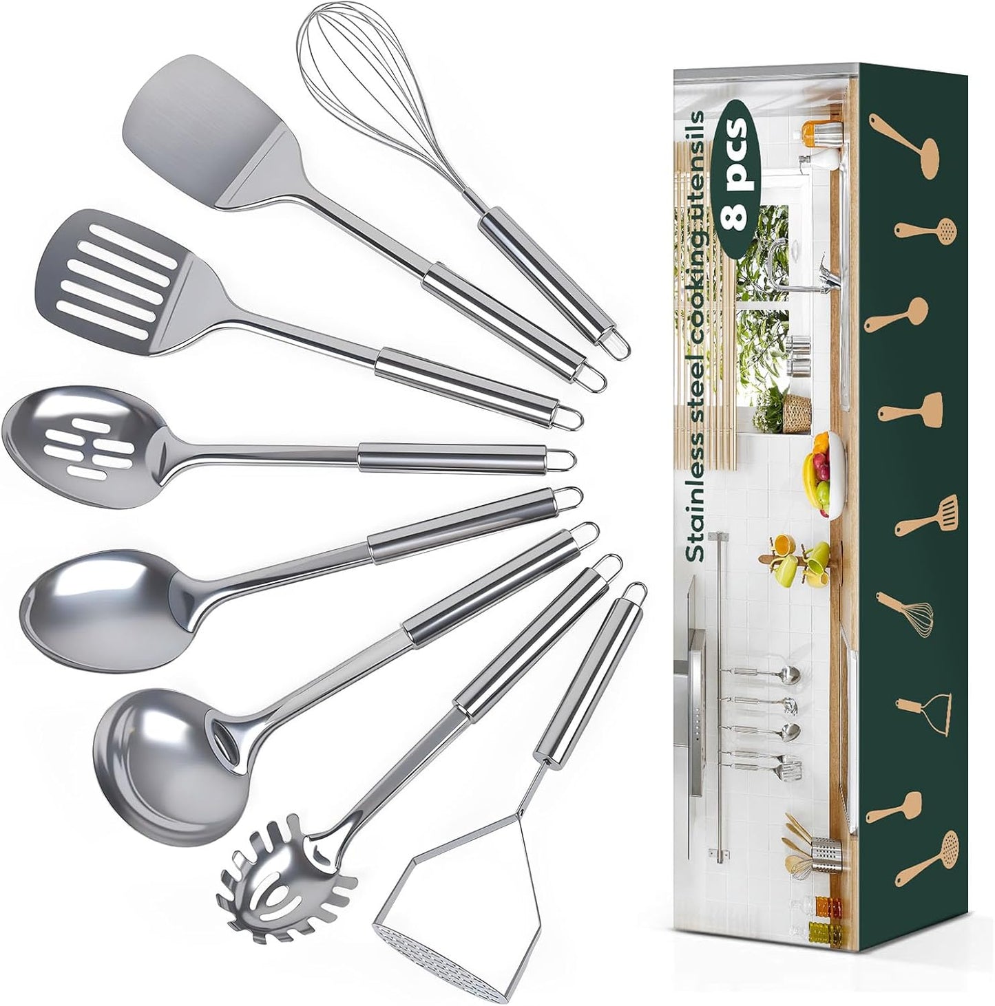 8 Pcs Cooking Utensils Set, Stainless Steel Kitchen Utensils, Heat Resistant Metal Kitchen Tools Include Solid & Slotted Spatula, Serving Spoon, Ladle, Pasta Server,Potato Maseher, Egg Whisk, Silver