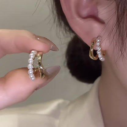Pearl Hoop Stud Earrings for Women,  14K Gold Square Double Hoop Earrings Dainty Lightweight Studs Jewelry Graduation Birthday Gift for Girls Trendy Earring