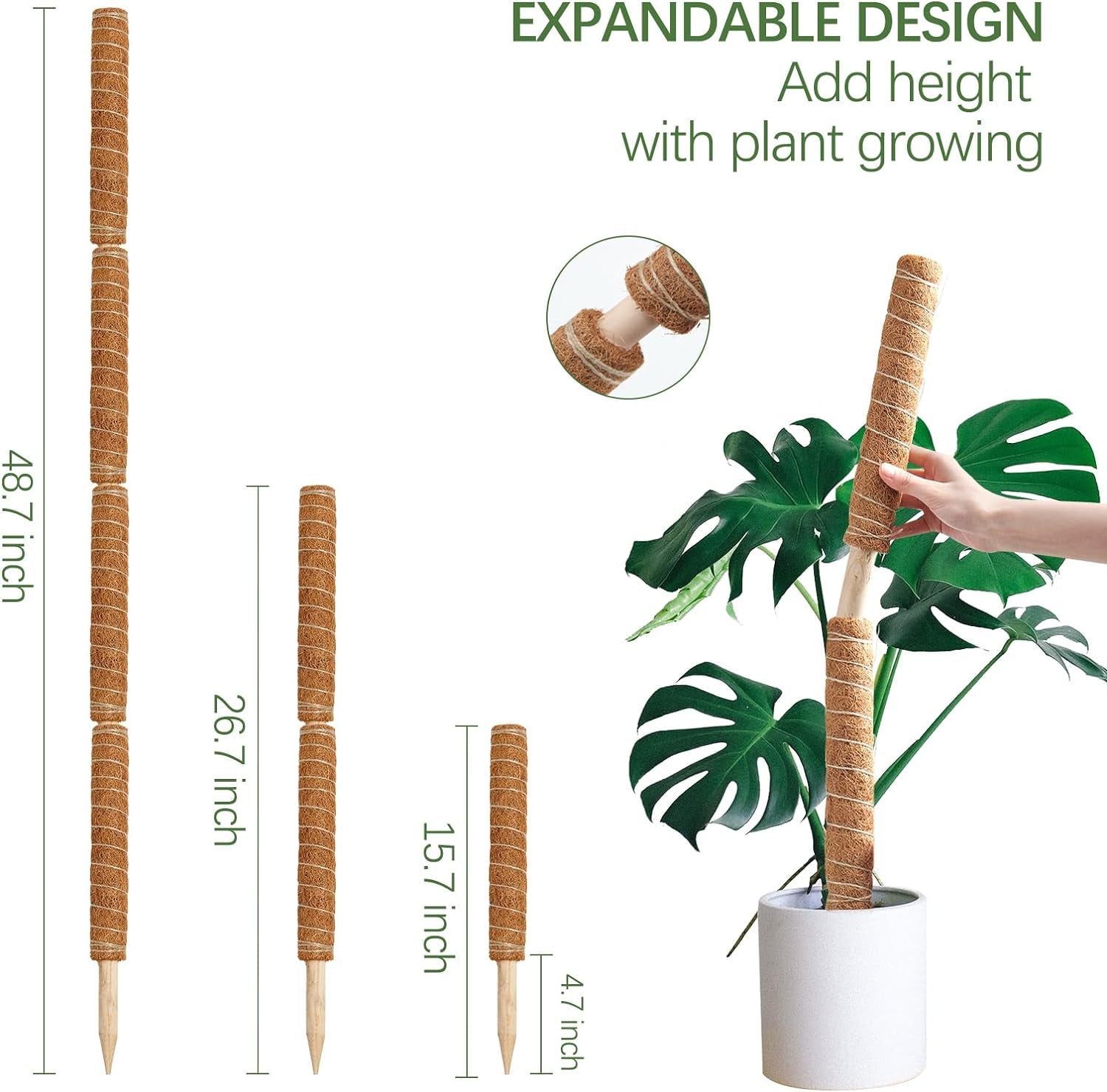 48.7 Inch Moss Pole Monstera Plant Support, 4 Pcs 15.7 Inch Stackable Moss Poles, Plant Stakes for Indoor Plants with Jute Rope & Name Label