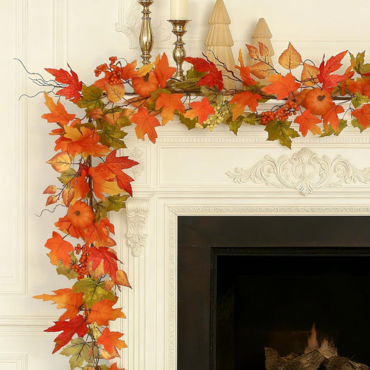 Fall Leaves Garland for Mantle, Autumn Leaf Garland Fall Decoration for Home,Outdoor Maple Vine Harvest Thanksgiving Decor for Home,Mantle,Porch,Fireplace and Wedding