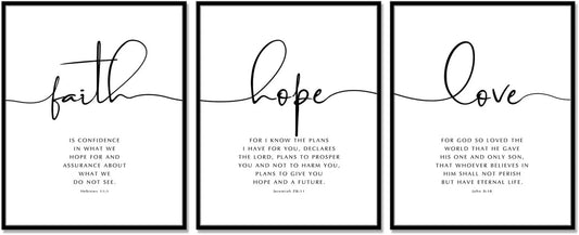 Faith Hope Love Wall Art, Bible Verse Wall Art, Christian Wall Decor, Farmhouse Christian Decor, Bedroom Wall Decor, Hebrews 11, John 3, Jeremiah 29, Scripture Quote, UNFRAMED 11X14Inch
