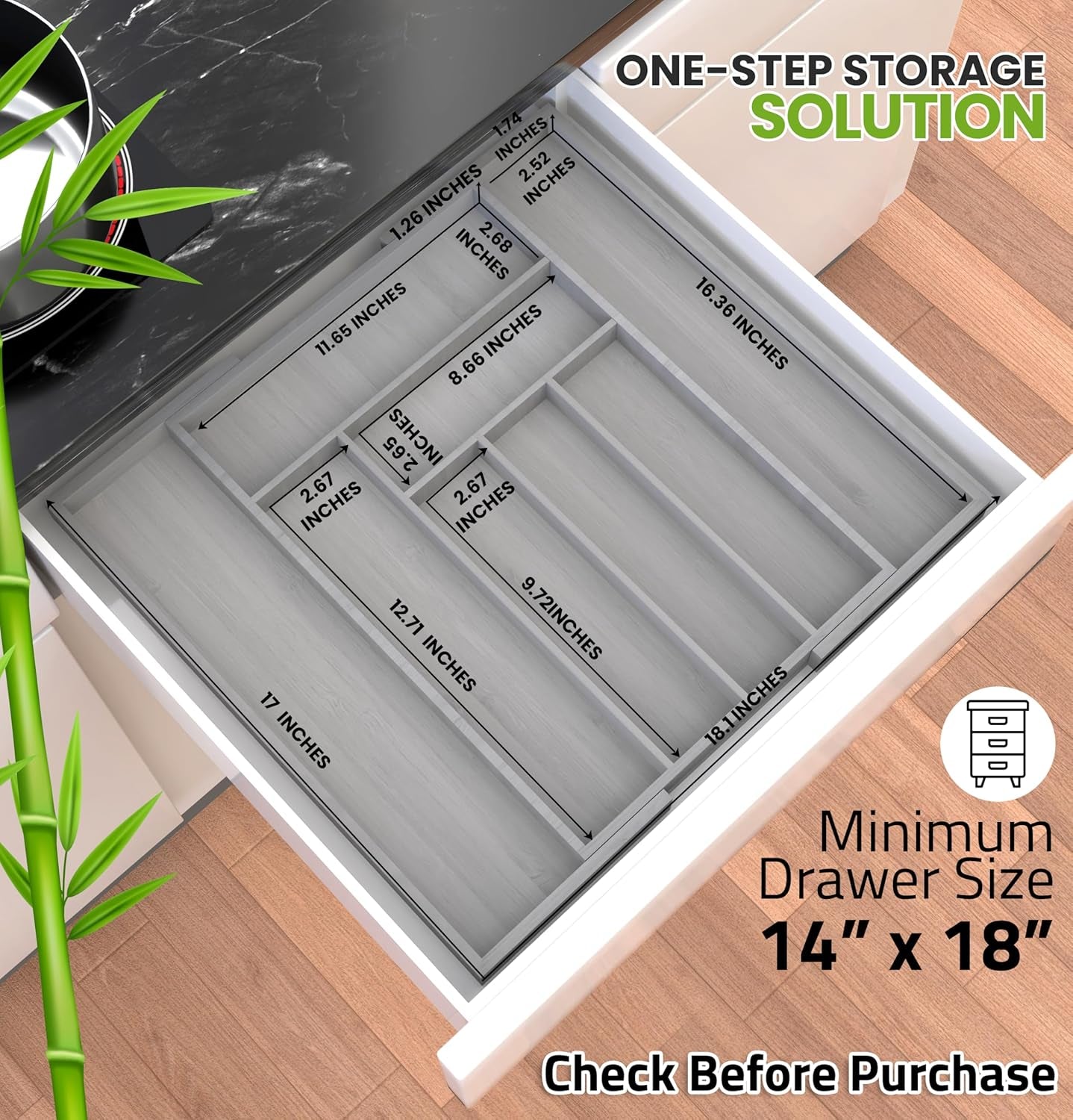 Expandable Bamboo Utensil Drawer Organizer, Silverware Organizer for Cutlery, Utensils, Flatware Holder (6-8 Slots, Grey) Pack of 1