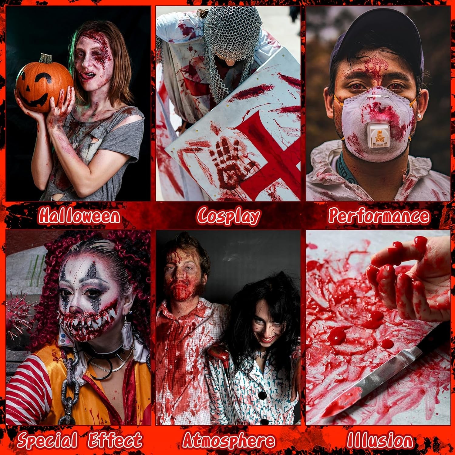 Halloween Fake Blood Makeup Kit, 3PCS Realistic Washable Costume Blood Set (1.69Oz Spray + 1.69Oz Dripping + 1.01Oz Coagulated ) for Zombie Vampire SFX, Dark Coagulated & Fresh Spray Effects