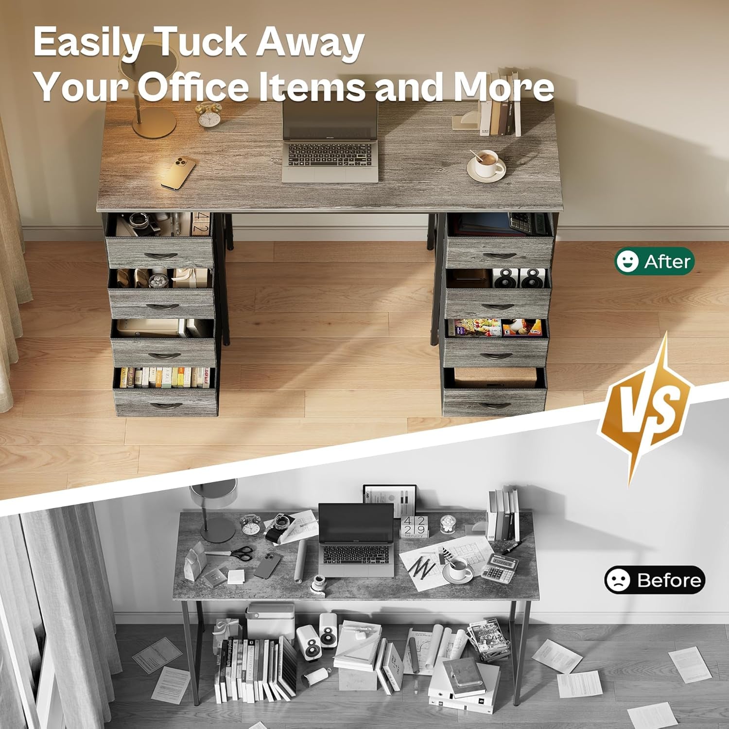 47-Inch Computer Desk with 8 Fabric Drawers - Versatile Office and Gaming Desk for Home Office and Study with Ample Storage in Grey