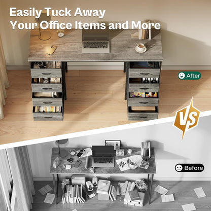 47-Inch Computer Desk with 8 Fabric Drawers - Versatile Office and Gaming Desk for Home Office and Study with Ample Storage in Grey