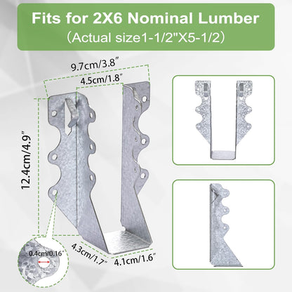 10-Pack 2x6 Steel Joist Hangers, 20-Gauge Galvanized Double Shear Face Mount Rafter Brackets for Wood, Hurricane Ties for Decks, Floors, Ceilings, and Pergolas