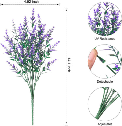 Artificial Plants Outdoor Flowers Spring Decoration, 10 Bundles Fake Plastic Greenery UV Resistant Realistic Faux Lavender Look Real for Home Porch Planter Window Patio (Purple)