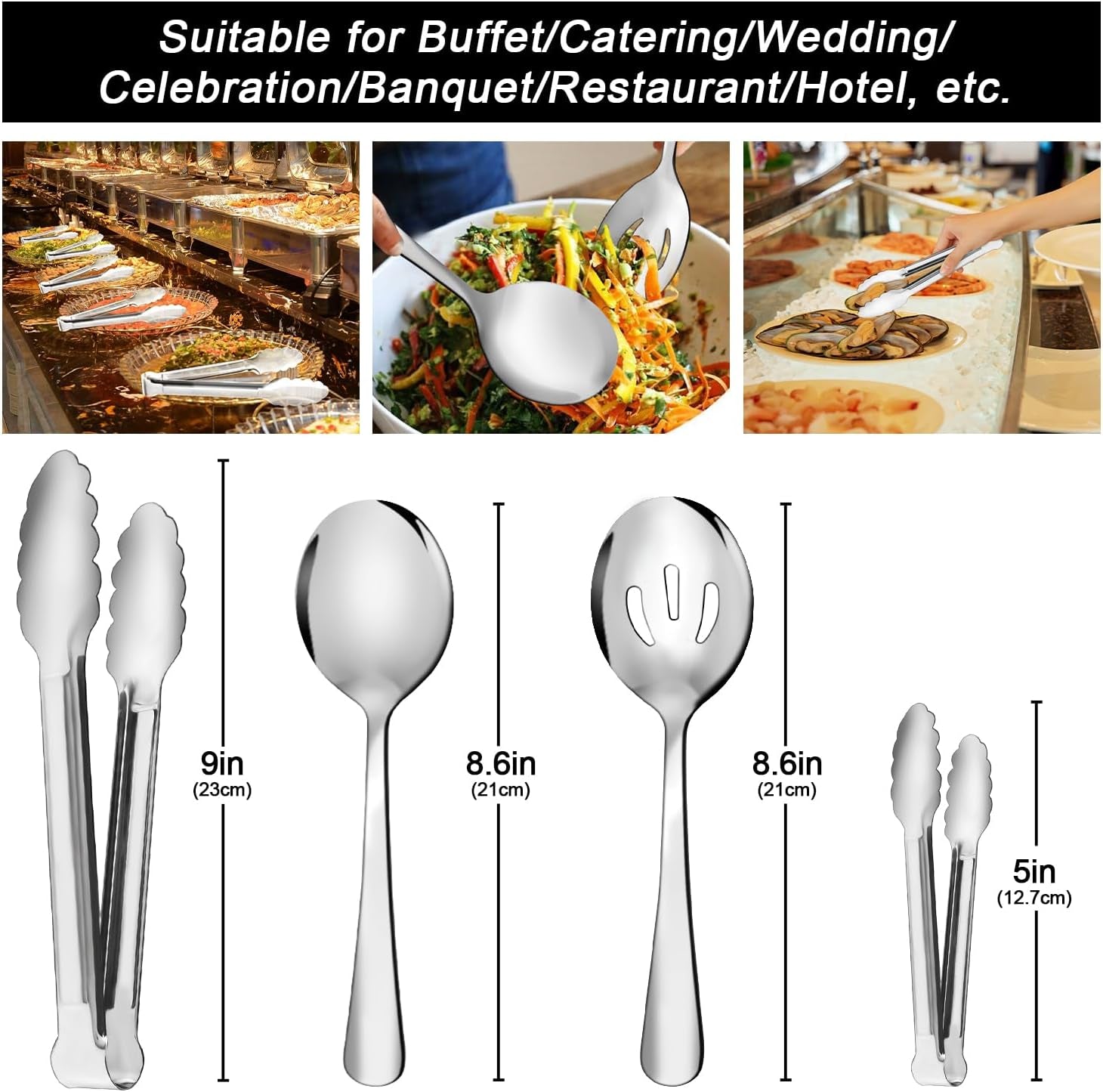 12PCS Stainless Steel Serving Utensils Sets - Large Serving Spoons,Slotted Spoons,Serving Tongs,Appetizer Tongs,Utensills Sets for Buffet Catering Banquet Party (Silver)