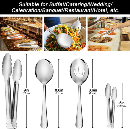 12PCS Stainless Steel Serving Utensils Sets - Large Serving Spoons,Slotted Spoons,Serving Tongs,Appetizer Tongs,Utensills Sets for Buffet Catering Banquet Party (Silver)